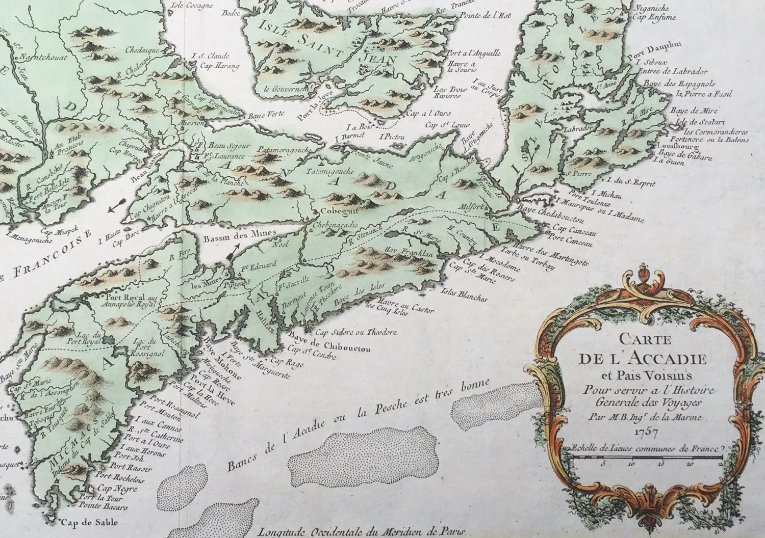 1757 Nicolas Bellin Original Antique Map of Arcadia in Nova Scotia, Canada