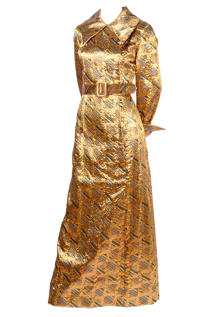 1970's Dynasty Gold and Silver Metallic Vintage Dress With Belt