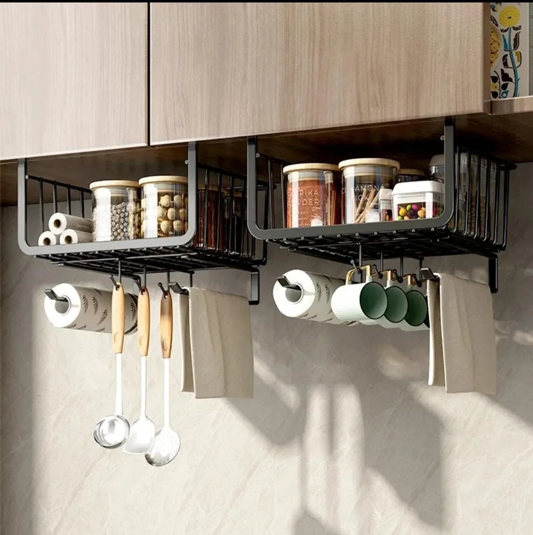 4 in 1 Metallic Under Shelf Paper Towel Rack with Hooks