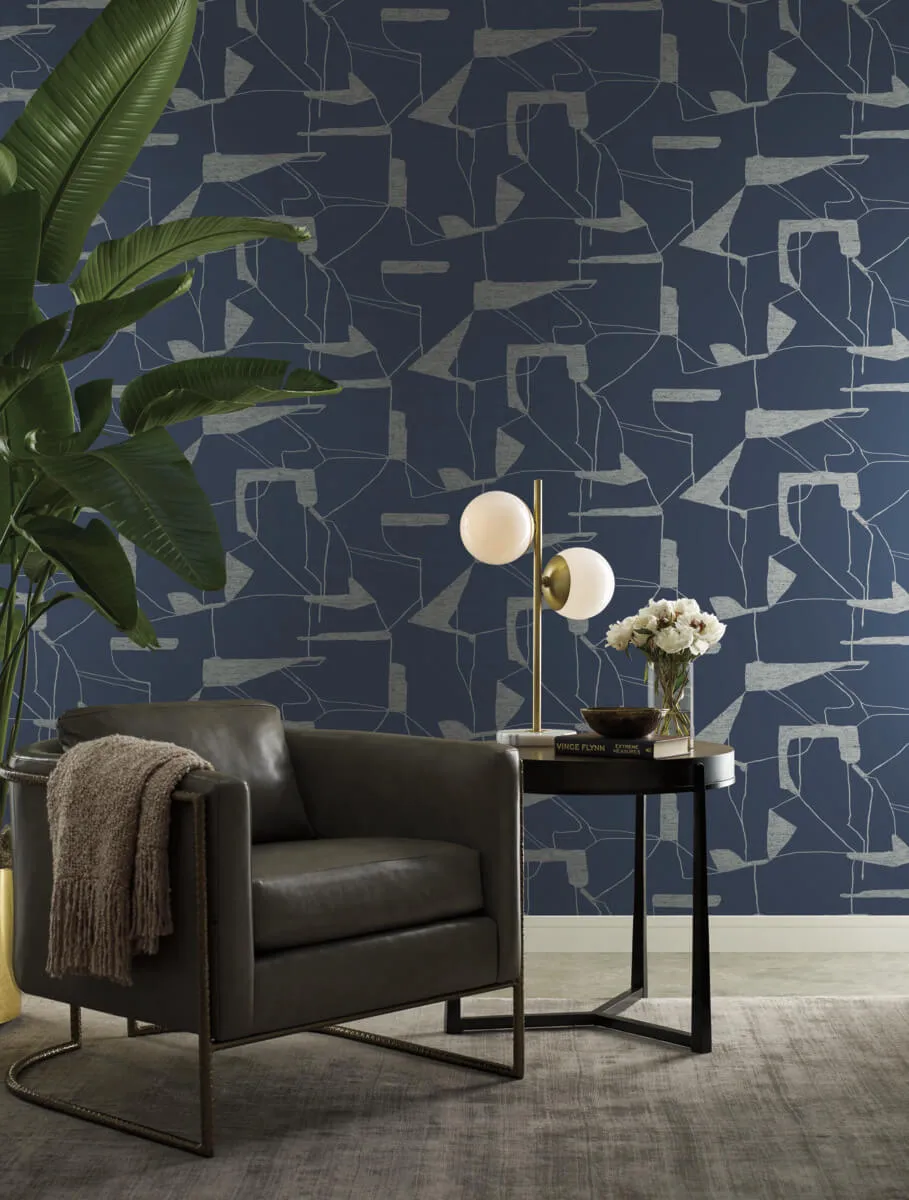 Abstract Geo Wallpaper in Navy/Silver from the Modern Metals Second Edition