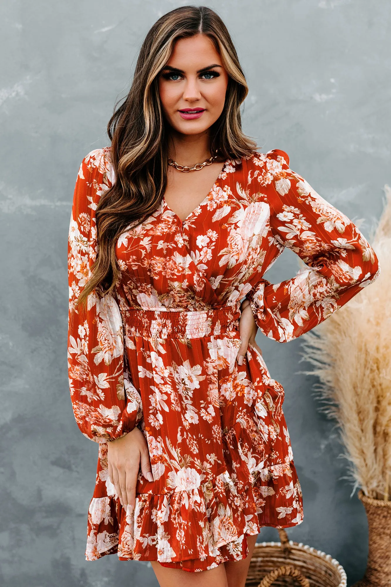 Admired By All Floral Smocked Waist Mini Dress (Rust)