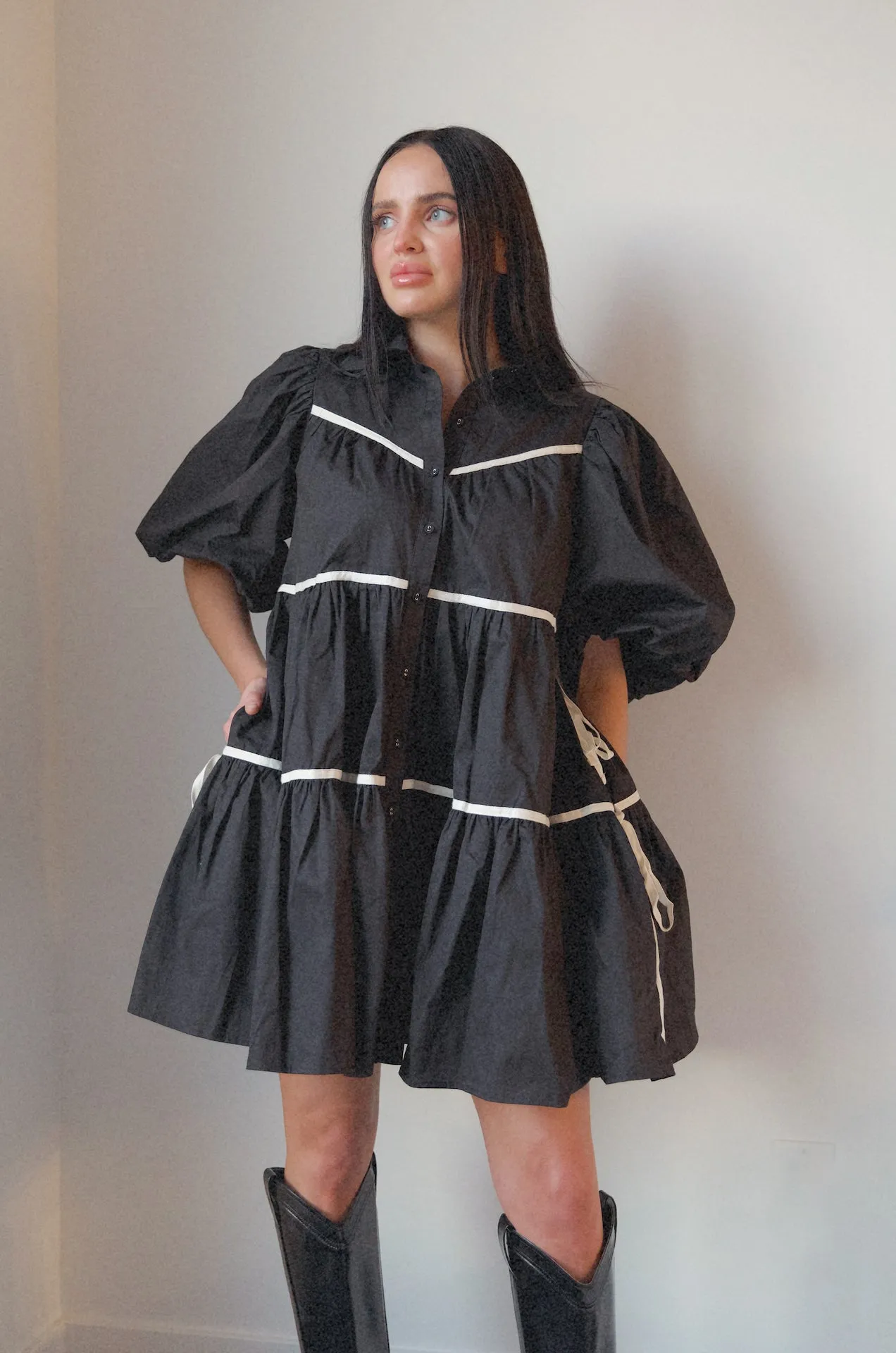 Amelie Black Puff Sleeve Babydoll Dress