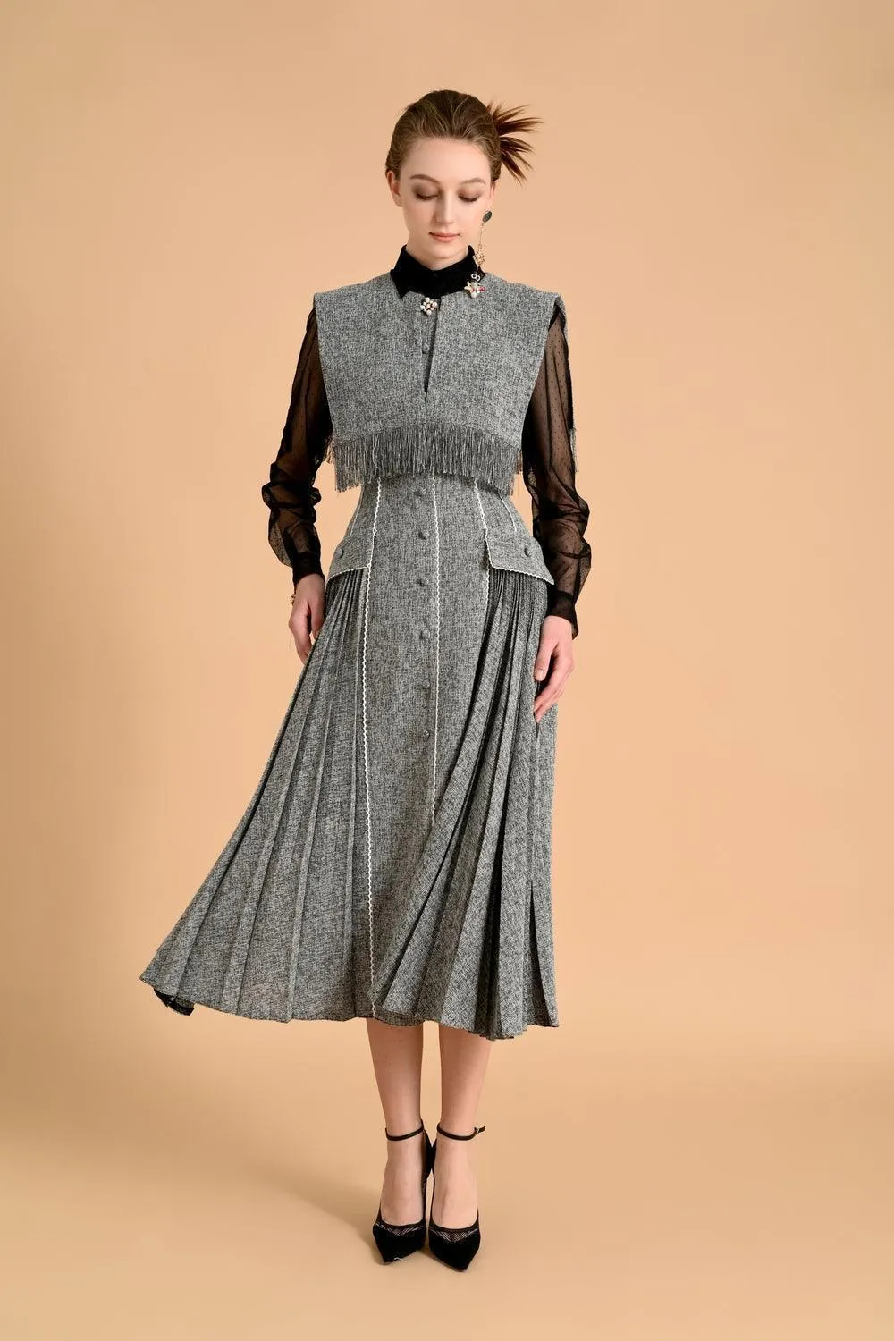 Anaya Fit and Flare Round Neck Tweed Midi Dress