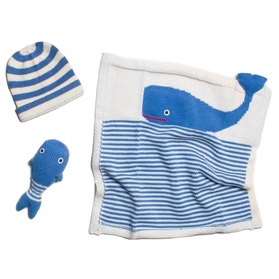 Baby Gift Set - Knit Whale Lovey Blanket, Rattle & Hat