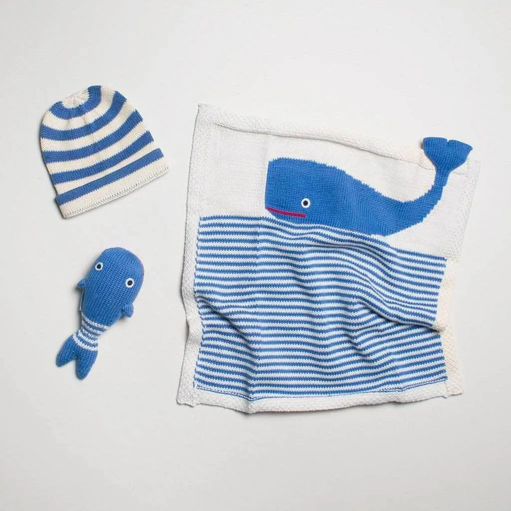 Baby Gift Set - Knit Whale Lovey Blanket, Rattle & Hat