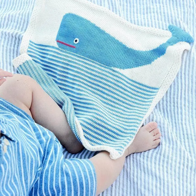 Baby Gift Set - Knit Whale Lovey Blanket, Rattle & Hat