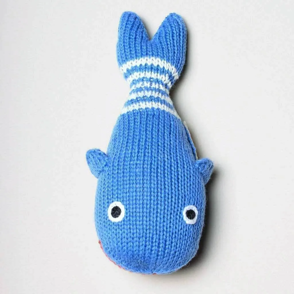 Baby Gift Set - Knit Whale Lovey Blanket, Rattle & Hat