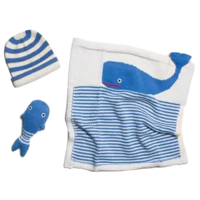 Baby Gift Set - Knit Whale Lovey Blanket, Rattle & Hat