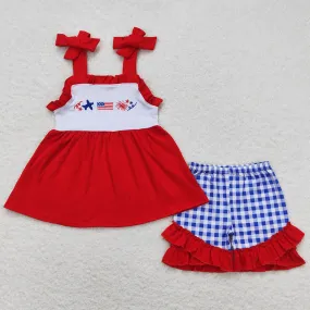 Baby Girls Clothes 4th Of July Flag Red Straps Tunic Top Summer Shorts Sets GSSO0611