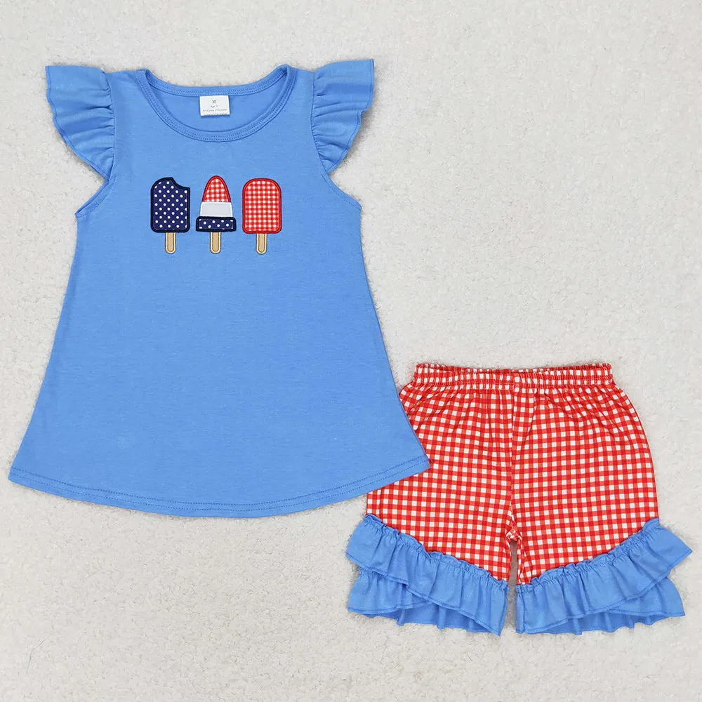 Baby Girls Clothes 4th Of July Popsicle Tunic Top Ruffle Shorts Kids Sibling Clothes Boys Sets GSSO0860