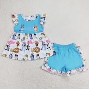 Baby Girls Clothes Blue Dog Flutter Sleeve Tunic Top Ruffle Shorts Sets GSSO0387