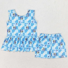 Baby Girls Clothes Blue Dogs Flowers Tunic Top Shorts Sets GSSO1248