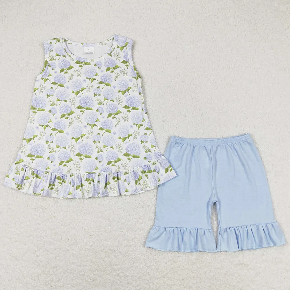 Baby Girls Clothes Blue Flowers Sleeveless Tunic Ruffle Shorts Sets GSSO1050