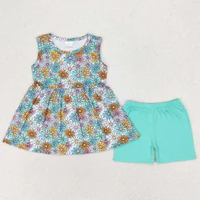 Baby Girls Clothes Blue Flowers Sleeveless Tunic Tops Shorts Clothes Sets GSSO1271