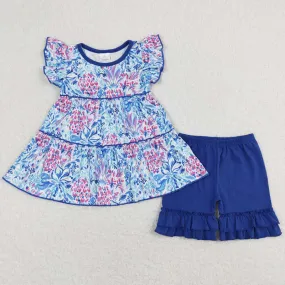 Baby Girls Clothes Blue Flowers Tunic Shirts Top Icing Shorts Sets GSSO1174