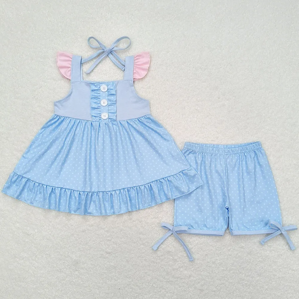 Baby Girls Clothes Blue Flutter Sleeve Tunic Top Shorts Sets GSSO0973