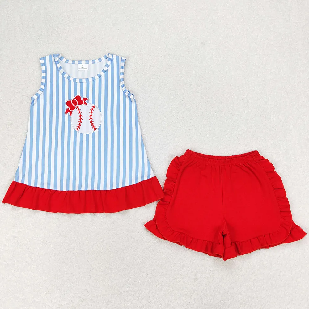 Baby Girls Clothes Blue Stripes Baseball Tunic Ruffle Shorts Sets GSSO1019