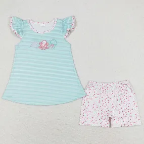 Baby Girls Clothes Blue Stripes Octopus Tunic Top Shorts Sets GSSO0833