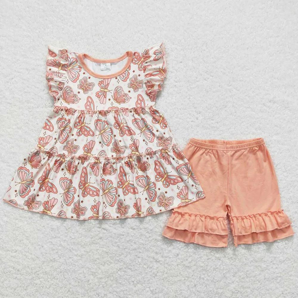 Baby Girls Clothes Butterfly Tunic Tops Ruffle Shorts Sets GSSO1076