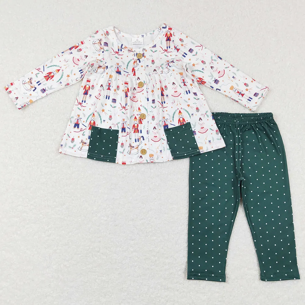 Baby Girls Clothes Christmas Soldier Pocket Tunic Dots Legging Pants Sets GLP0991