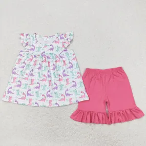 Baby Girls Clothes Dinosaurs Tunic Tops Ruffle Pink Shorts Sets GSSO0787