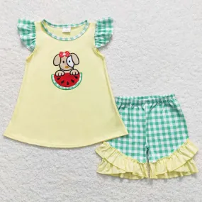 Baby Girls Clothes Dog Watermelon Flutter Sleeve Tunic Tops Shorts Sets GSSO0483