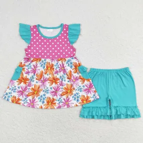 Baby Girls Clothes Dots Flowers Tunic Top Ruffle Shorts Sets GSSO1100