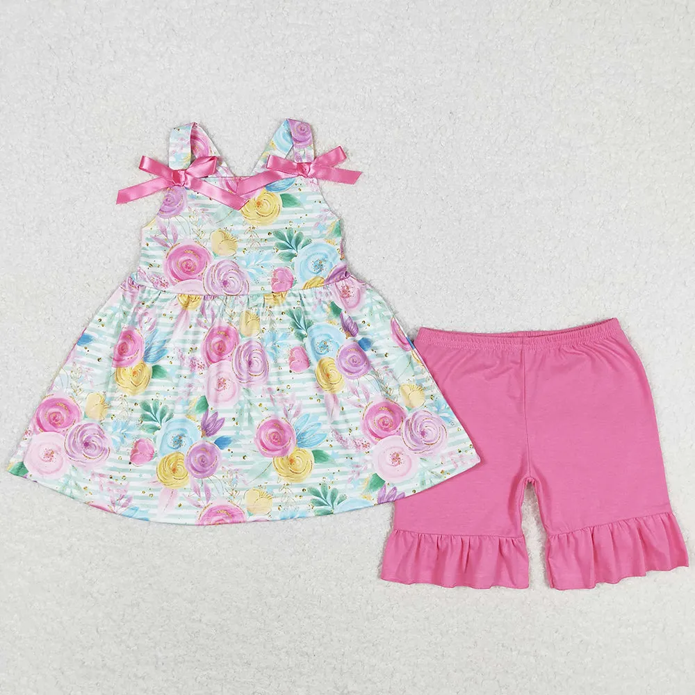 Baby Girls Clothes Green Stripes Flowers Bows Tunic Ruffle Shorts Sets GSSO1007