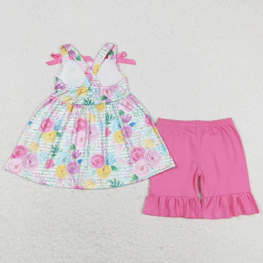 Baby Girls Clothes Green Stripes Flowers Bows Tunic Ruffle Shorts Sets GSSO1007