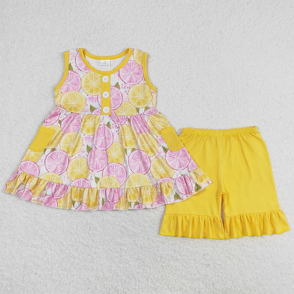 Baby Girls Clothes Lemon Pockets Tunic Tops Ruffle Shorts Sets GSSO1079