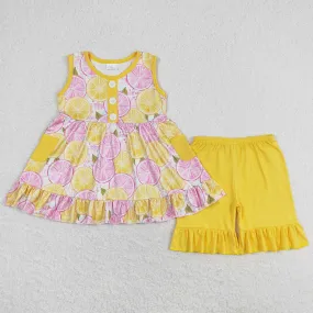 Baby Girls Clothes Lemon Pockets Tunic Tops Ruffle Shorts Sets GSSO1079