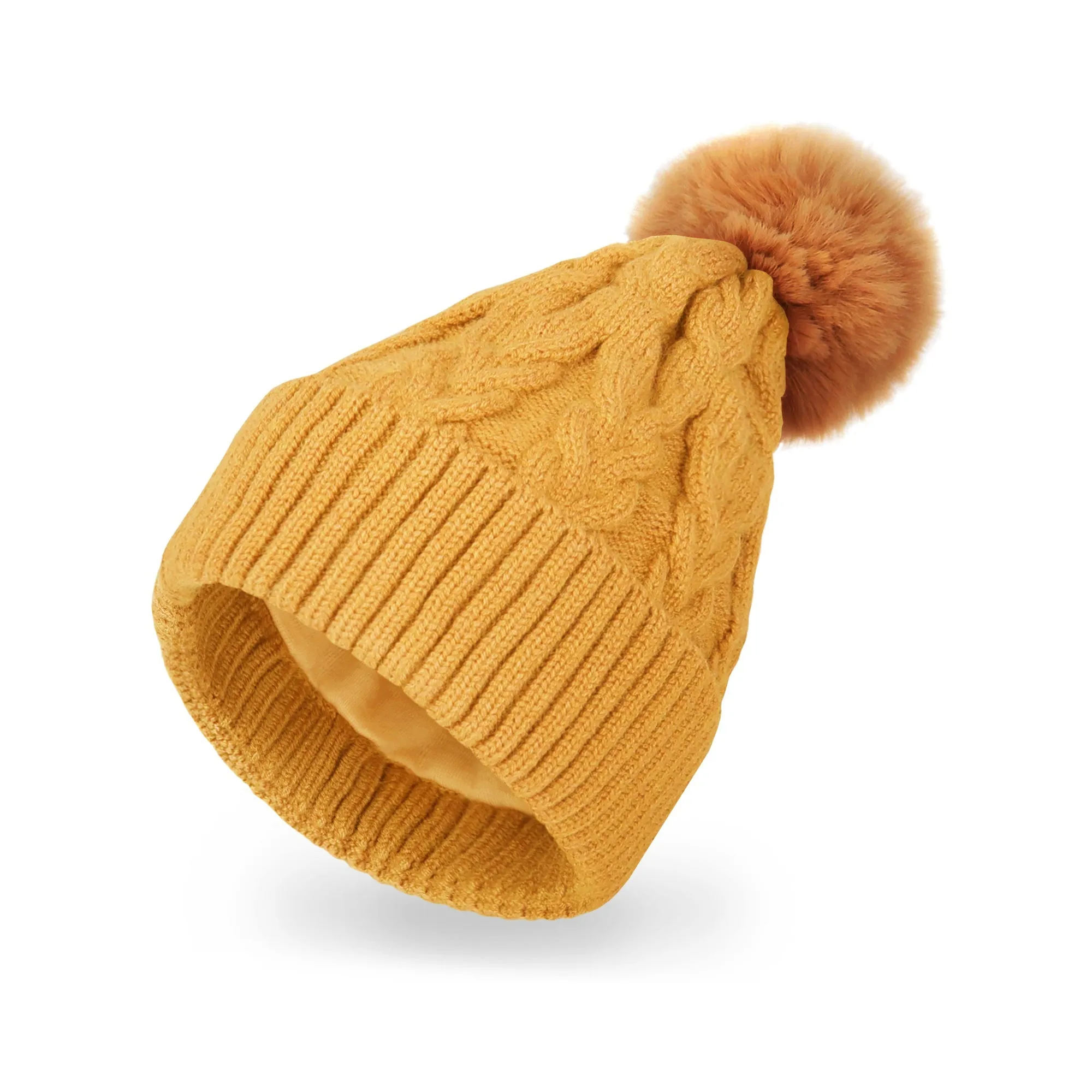 Baby Winter Knit Cotton Lined Pompom Hat | Yellow