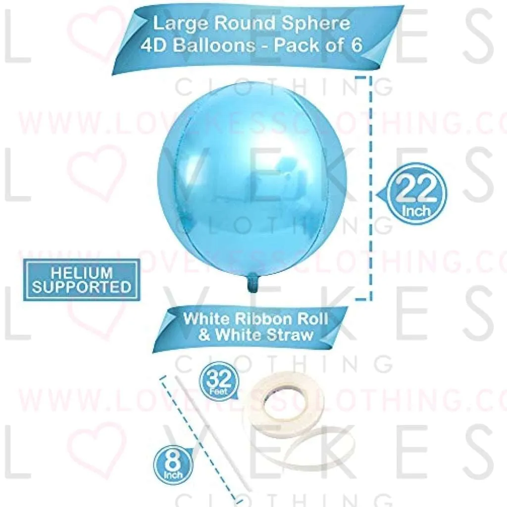 Big, Metallic Blue Balloons Set - 22 Inch, Pack of 6 | 360 Degree 4D Sphere Blue Mylar Balloons for Baby Shower, Gender Reveal | Baby Blue Metallic Balloons | Sky Blue Foil Balloons for Birthday Party