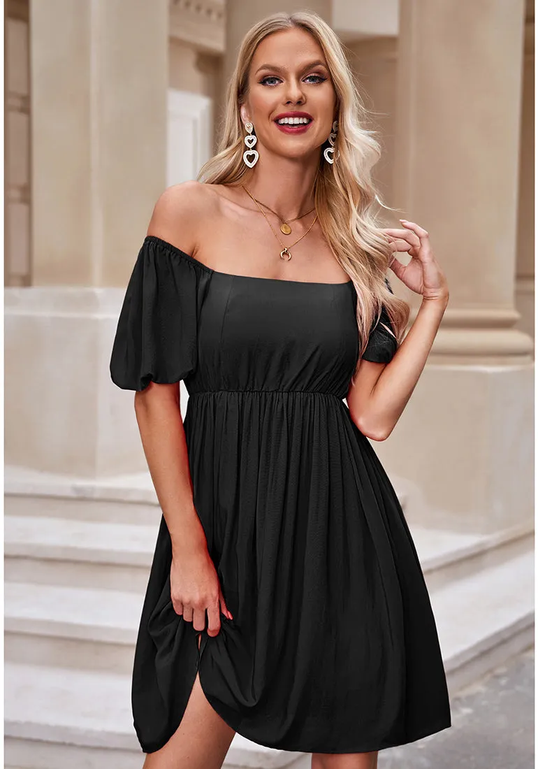 Black Women's Off the Shoulder Puff Sleeve Square Neck A-Line Babydoll Dresses