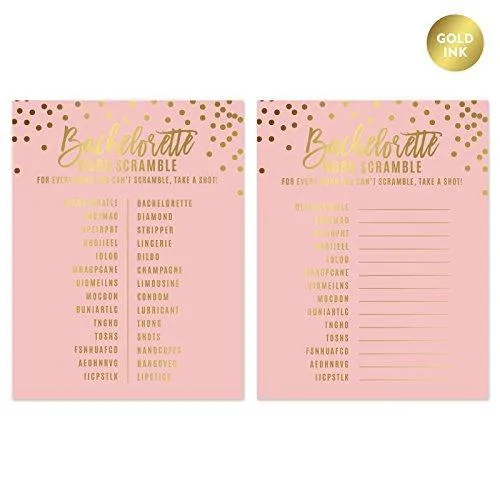 Blush Pink and Metallic Gold Confetti Polka Dots Bachelorette Party Dirty Word Search Game Cards