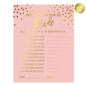 Blush Pink and Metallic Gold Confetti Polka Dots Wedding How Well Do You Know The Bride? Bridal Shower Game Cards