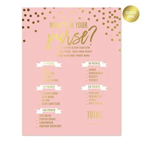 Blush Pink and Metallic Gold Confetti Polka Dots Wedding What's in Your Purse? Bridal Shower Game Cards