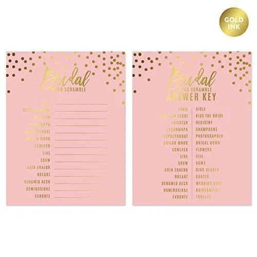 Blush Pink and Metallic Gold Confetti Polka Dots Wedding Word Scramble Bridal Shower Game Cards