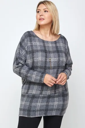 Boat Neck Plaid Dolman Sleeves Tunic Top Voluptuous ( ) Plus Size - Ships from The US