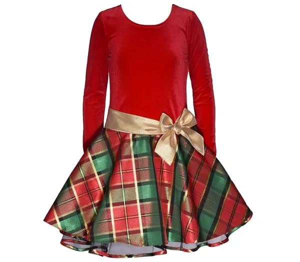 Bonnie Jean Girls Red Velvet Bodice and Tartan Plaid Flair Skirt with Crinoline Edging