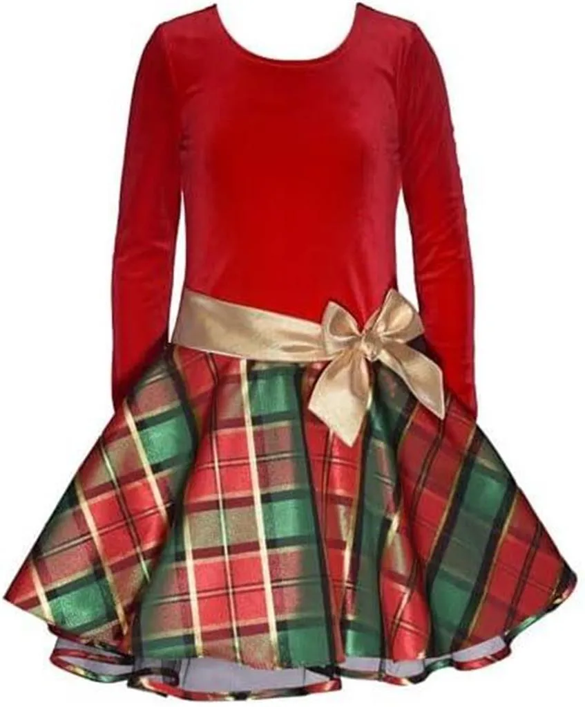 Bonnie Jean Girls Red Velvet Bodice and Tartan Plaid Flair Skirt with Crinoline Edging