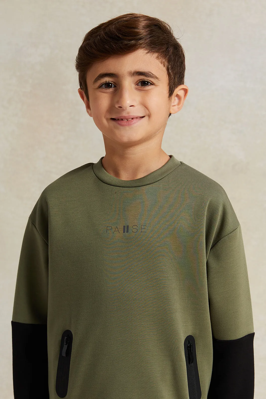 Boys Olive And Black Zip Pocket Sweatshirt