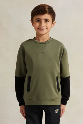 Boys Olive And Black Zip Pocket Sweatshirt