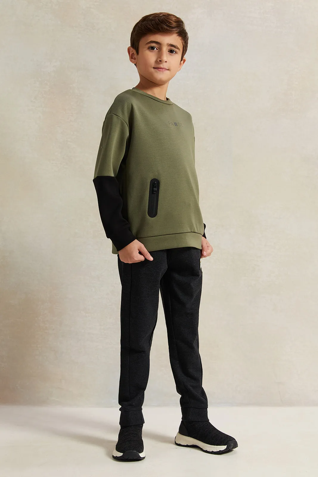 Boys Olive And Black Zip Pocket Sweatshirt