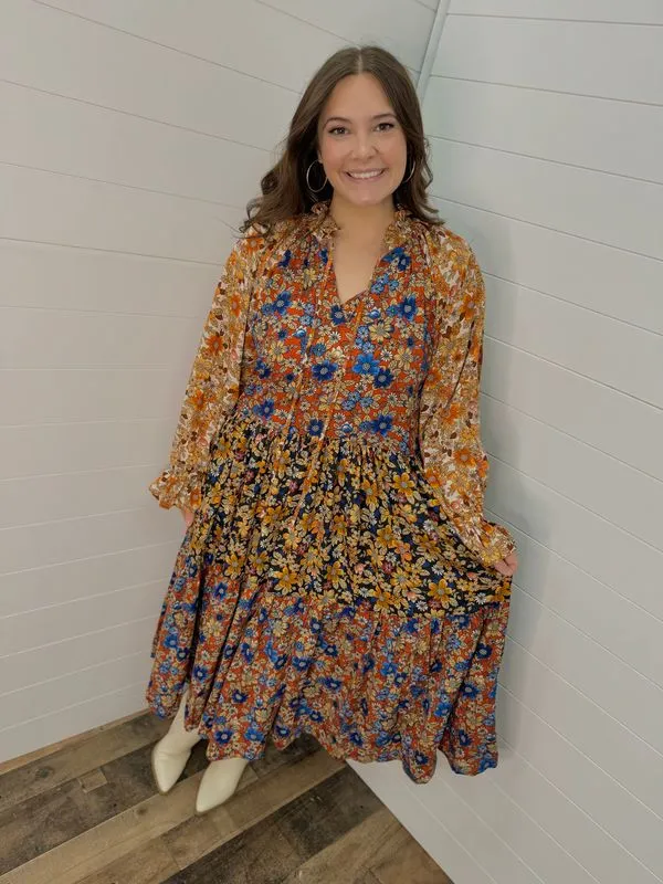 Brick Floral Mix Long Sleeve Dress