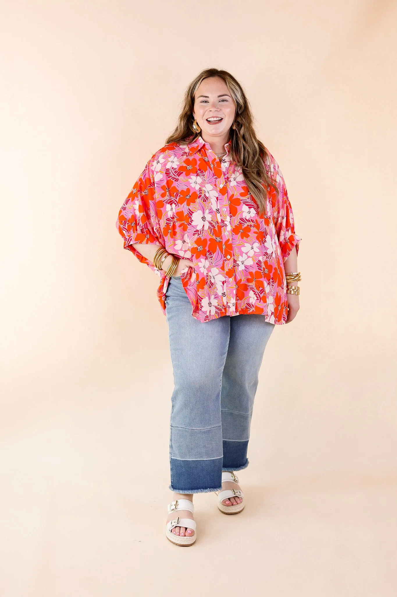 Bright Lifestyle Button Up Half Sleeve Floral Poncho Top in Pink Mix