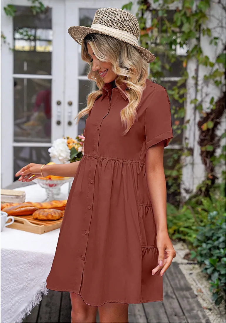 Burnt Ochre Women's Short Sleeve Button Down Babydoll Dress A-Line Tunic Dress