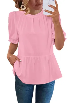 Candy Pink 2023 Blouses for Women Dressy Casual Peplum Tops Puff Sleeve Ruffle Mock Neck Dress Shirt Flowy Summer