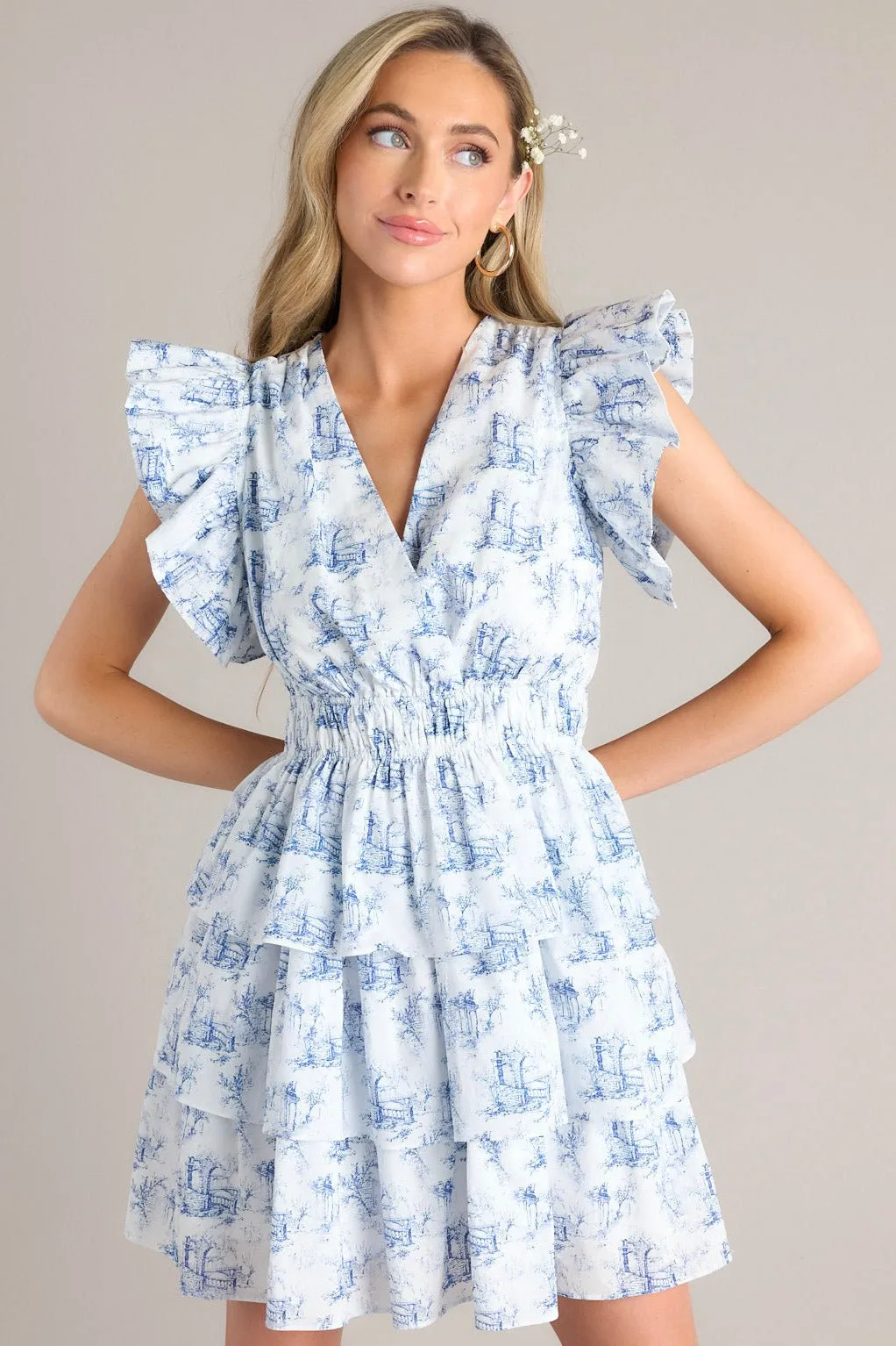 Castles Crumbling Blue Toile Ruffle Dress