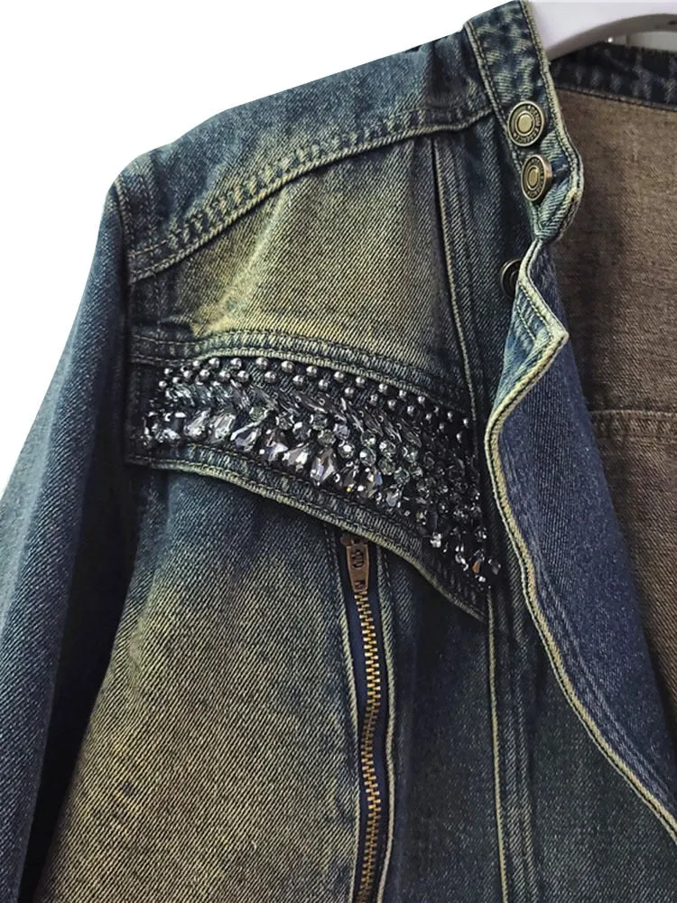 Casual Denim Jackets For Women Stand Collar Long Sleeve Patchwork Diamonds Loose Jacket Female Fashion Clothing